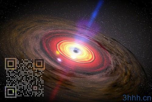 A still frame from a movie, illustrating an active galactic nucleus, with jets of material flowing from out from a central black hole — much like that found in recently discovered galaxy SAGE0536AGN